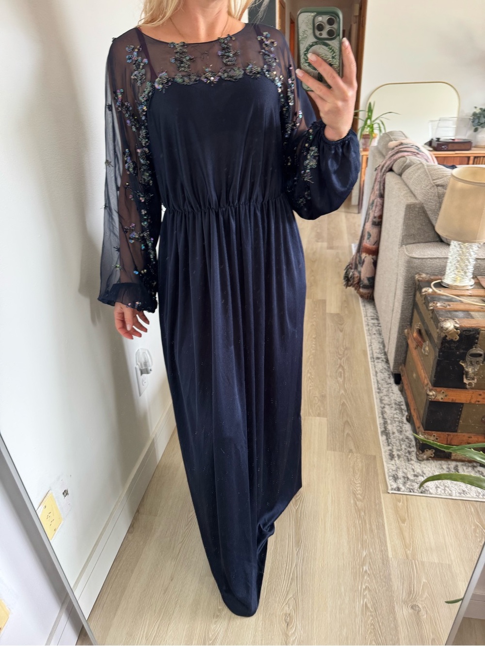 Vintage Jack by BB Dakota Navy Maxi Dress with Embroidered Sheer Yoke